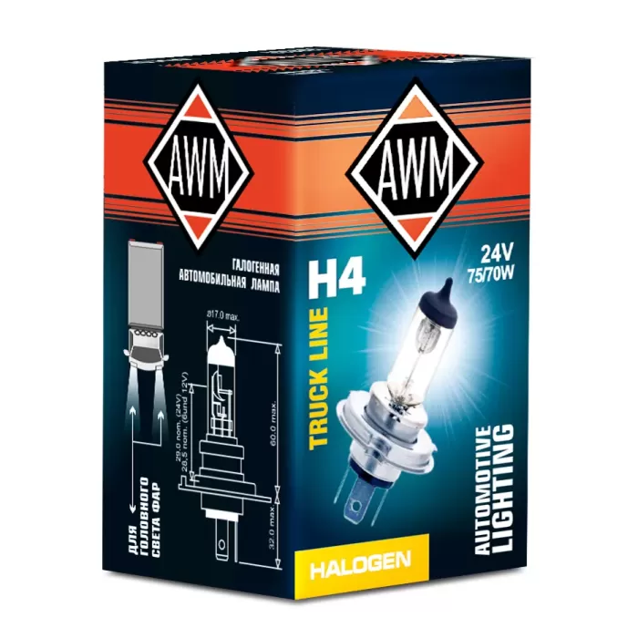 Лампа галогенная AWM H4 24V 75/70 W (P43T)