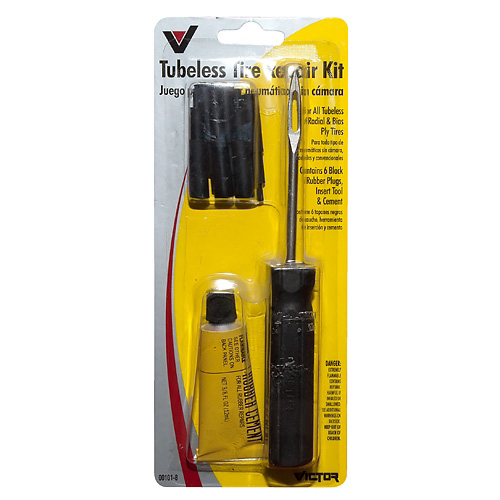 НАБОР ПРОФ. "РЕМОНТ БЕСКАМЕРНЫХ ШИН 8 ПРЕДМ." (ШИЛО, КЛЕЙ 12МЛ, ВСТАВКИ ЧЕРН. РЕЗИНОВЫЕ 6ШТ) VICTOR